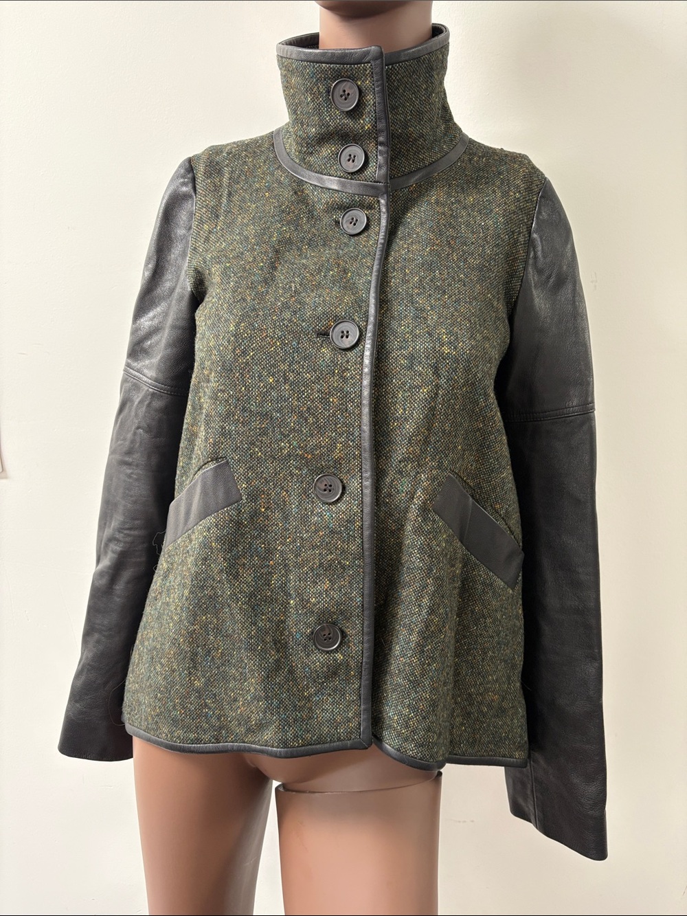 Derek Lam 10 Crosby tweed wool leather lambskin jacket cropped green black 2